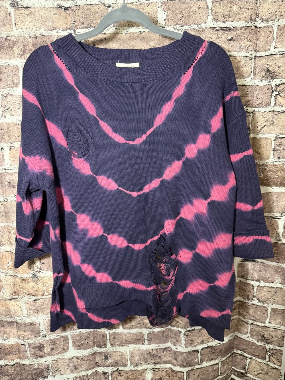 Umgee Pink & Navy Tie-Dye Crewneck Sweater with Distressing Size S Oversized